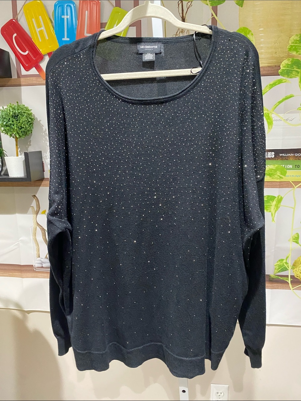 Liz Claiborne Black Knit Top with Sparkle Detail XXL. Oversized 28 Ptp.